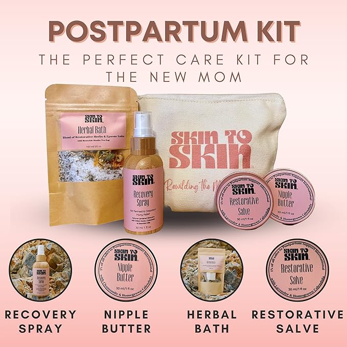 Skin to Skin Postpartum Kit-4 Piece Set in Cosmetic Bag - Postpartum Recovery - Includes: Herbal Bath, Recovery Spray, Restorative Salve, and Nipple Butter - Postpartum Care Kit - After Birth Care Kit