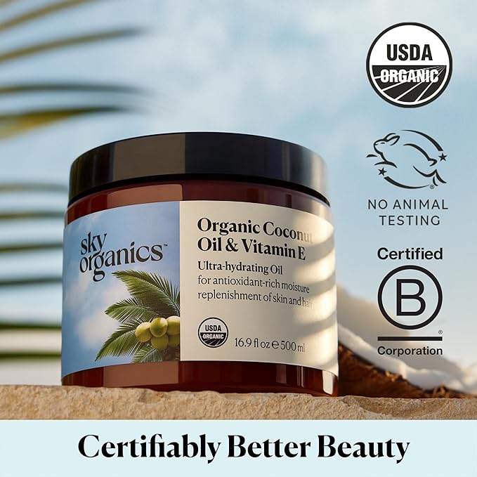 Sky Organics - Organic Coconut Oil & Vitamin E, 16.9 fl oz - Skin & Hair Ultra-Hydrating Oil - Fatty Acids & Antioxidants - Natural, Vegan & Cruelty Free - Skin Care & Hair Care w Ebook