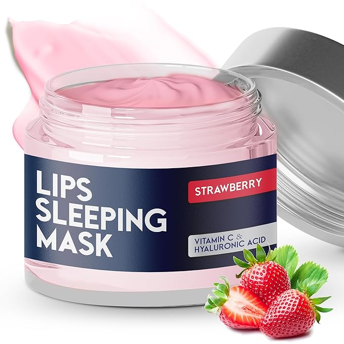 Lip Mask Overnight with Hyaluronic Acid & Collagen, Lip Sleeping Mask for Dry Cracked Lips, Moisturizing, Hydrating, Exfoliating Night Treatment for Lip Care (Strawberry)