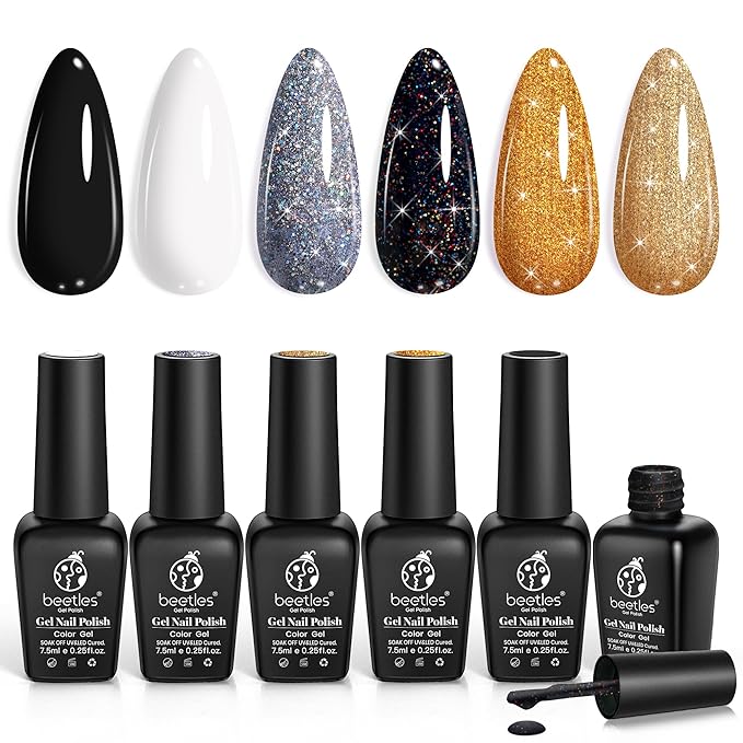 Beetles Shimmer Gel Nail Polish Set, 6 Colors Black White Polish Gel Silver Rose Gold Glitter Fall Nail Polish Soak Off Uv Lamp Nail Art Manicure Salon Gifts for Her Women