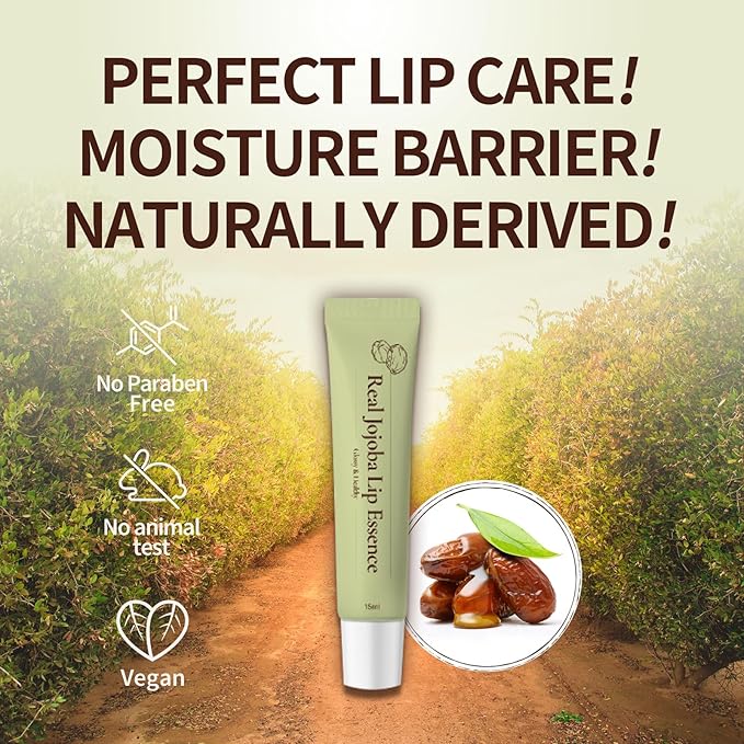 Real Jojoba Lip Essence Serum Moisturizing Formula - Natural Ingredients, Hydrating, Anti-Aging, Non-Sticky, 0.5 Fl oz Travel Size