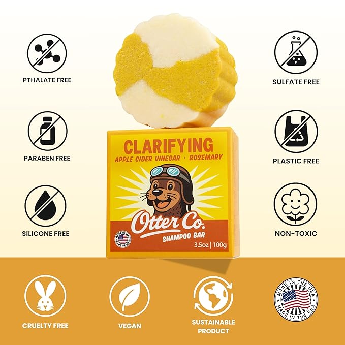 Otter co. Clarifying Apple Cider Vinegar Shampoo Bar for Build Up – Argan oil, Rosemary, Nettle, Jojoba oil – Vegan, Sulfate Free & Non Toxic – Women and Mens Shampoo, All Hair Types, Made in USA