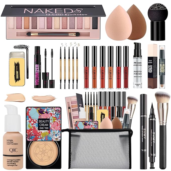 All in One Makeup Kit,Includes Naked Eyeshadow,CC Cream,Liquid Foundation,Lipstick Set,Mascara,Makeup Brush,Makeup Sponge,Eyebrow Pencil,Eyebrow Soap,Eyeliner Stamp, Primer,Contour Stick,Cosmetic Bag