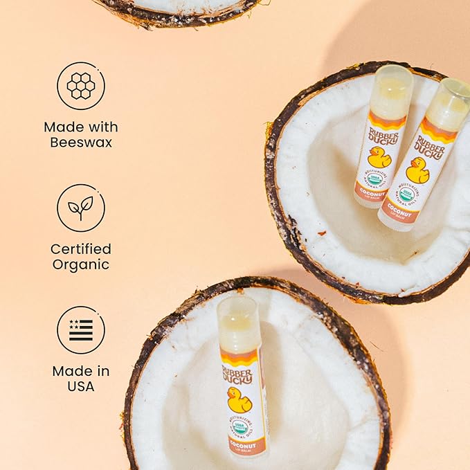 Rubber Ducky Sunscreen - Organic Lip Balm for Women, All Natural Lip Balm Stick with Vitamin E - Moisturizing & Hydrating Lip Balm for Dry Lips - Untinted and Non-Toxic Lip Care - Coconut, 3 Pack