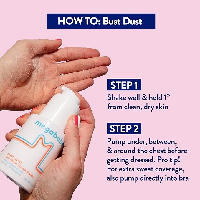 Megababe Sweat Absorbing Body Powder - Bust Dust, with Applicator Pump, Talc-Free, All Natural, 3 oz