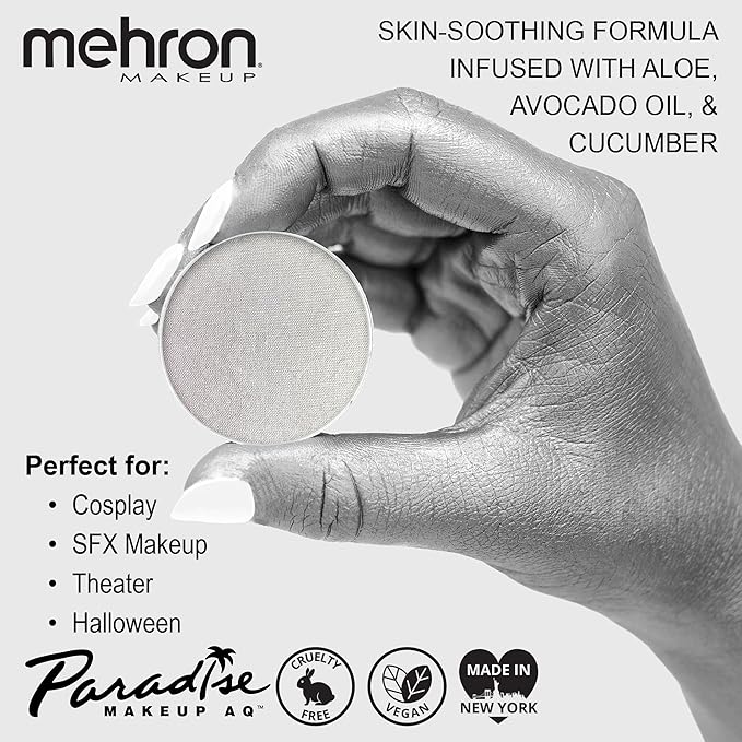Mehron Makeup Paradise Makeup AQ Refill Size | Stage & Screen, Face & Body Painting, Cosplay, Halloween | Water Activated Face Paint, Body Paint, Cosplay Makeup .25 oz (7 ml) (Metallic Silver)
