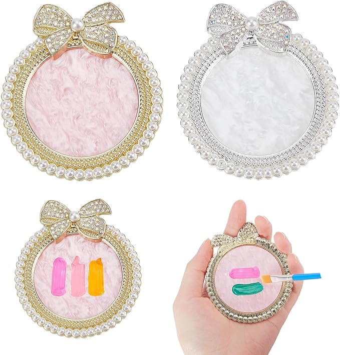 NICENEEDED 2 PCS Resin Nail Art Palette, Nail Art Painting Mixed Color Makeup Palette with Pearls, Rhinestone Bowknot Edge Nail Polish Palettes Nail Art Display Board for Nail Salon