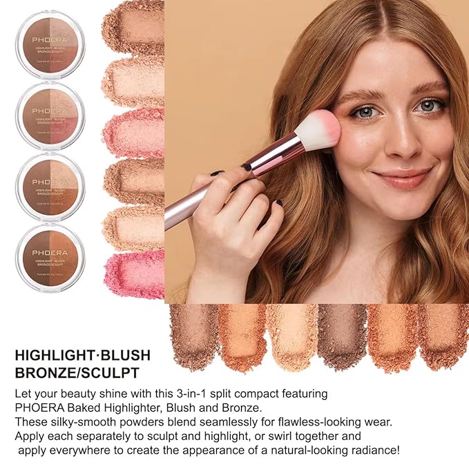 Baked Blush Highlight Bronze Powder 3-in-1 Contour Palette Sculpt Satin Silky Smooth Makeup Palettes Powder (003-Medium)