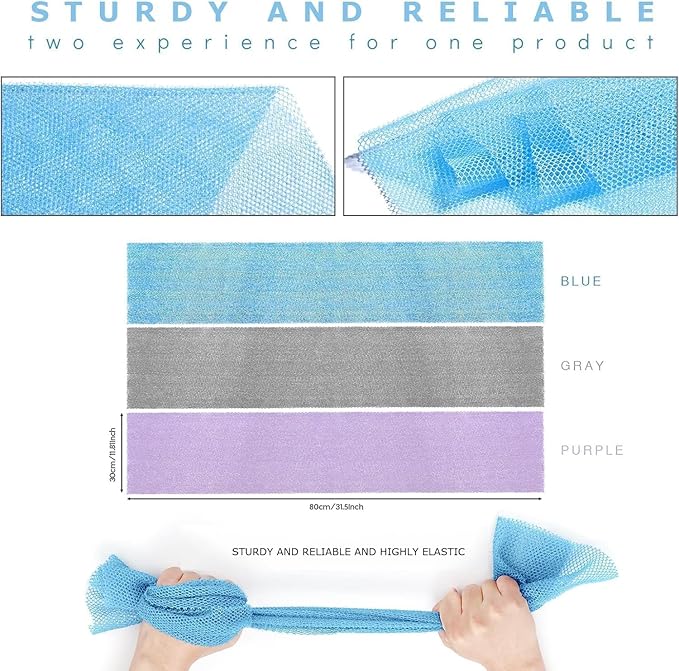 UJFQBH 3 Pieces African exfoliating net African Net Long Net Bath Sponge Exfoliating Shower Body Scrubber Back Scrubber Skin Smoother,Great for Daily Use (Purple Gray Blue)