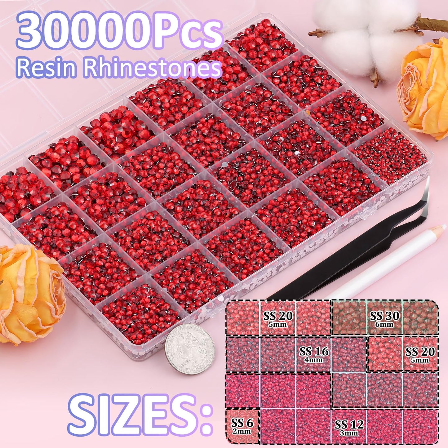 30000Pcs Red Rhinestones for Bedazzling with B7000 Jewelry Glue, Bedazzler Kit Flatback Gems, Resin Rhinestones for Crafting Crafts Clothing Shoes Fabric Nail Art Assorted Size 2/3/4/5/6mm