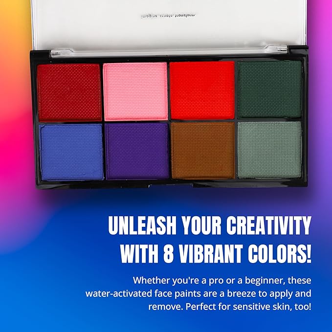 Professional Face Painting Palette - Skin Friendly Face Paint Kit - Cruelty-Free & Vegan Water Based Face Paint Makeup for Theatre, SFX & Halloween- 8 Colors 5g Each- Splashes & Spills- Regular Colors