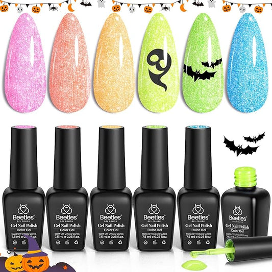 Beetles Glitter Gel Polish Set, 6 Colors Sparkling Water Shimmer Blue Green Pink Orange Glitter Neon Gel Polish Halloween Soak Off Nail Art Design Salon Home Manicure Gift for Girls Women
