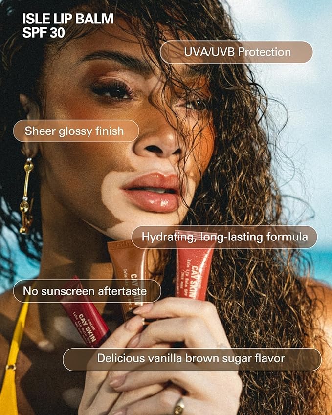 Cay Skin Isle Lip Balm SPF 30 – High Shine, Hydrating + Sheer Lip Gloss in Vanilla Brown Sugar Flavor – Formulated with Natural Ingredients for All Skin Tones – 3-Pack, Irie Rose