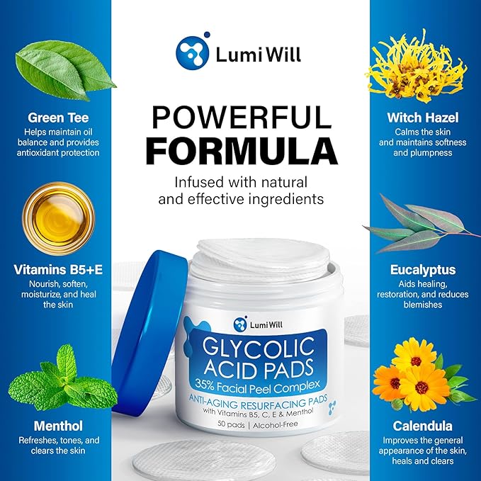 Glycolic Acid Pads - Exfoliating Pads with Glycolic Acid, Vitamins B5, C, E & Menthol - Peel Pads for Acne - Anti-Aging Glycolic Acid Resurfacing Pads for Fine Lines and Wrinkles - 50 Pads
