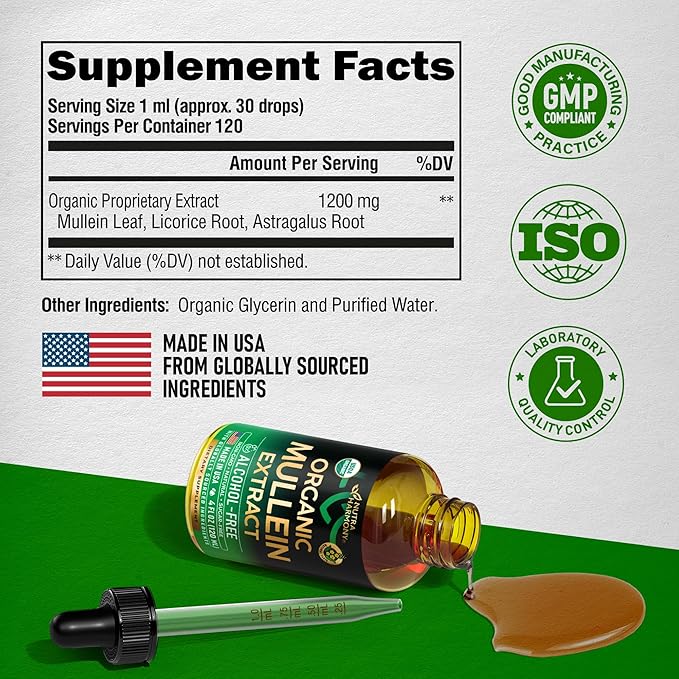Mullein Drops for Lungs - USDA Organic Liquid - Mullein Leaf Extract Supplement - Made in USA - Lung & Bronchial Cleanse for Smokers - Respiratory Health Support - As Tincture, Tea, Pills - Pack of 2