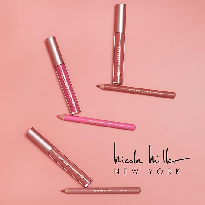 Nicole Miller Rosy Nudes Lip Collection | 6 Piece Set | 3 Luxurious Lip Liners & 3 Liquid Lip Sticks in Light Rose, Rosy Mauve, and Deep Peach