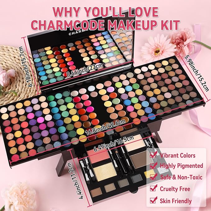 CHARMCODE 190 Colors Cosmetic Make up Palette Set Kit Combination with Eyeshadow Facial Blusher Eyebrow Powder Face Concealer Powder Eyeliner Pencil A Mirror All-in-One Makeup Gift Sets For Women