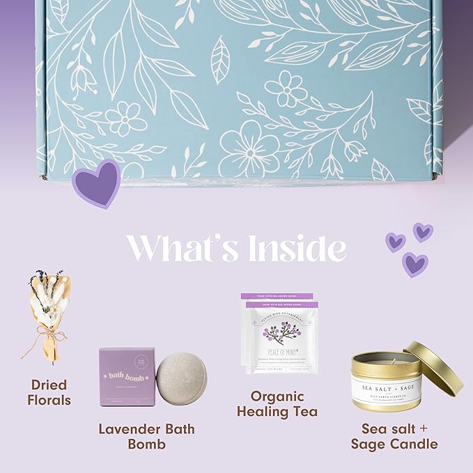 Unboxme Gifts Mini Lavender Spa Gift Set - Relaxation Gift Basket for Women - Self Care Package with Lavender Candle, Bath Bomb, Soap, Greeting Card & More