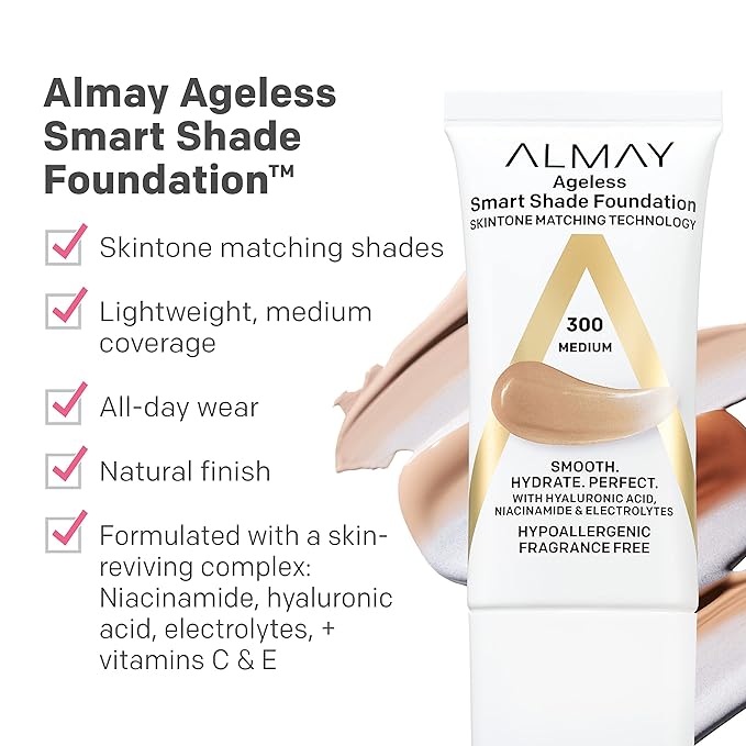 Almay Anti-Aging Foundation, Smart Shade Face Makeup with Hyaluronic Acid, Niacinamide, Vitamin C & E, Hypoallergenic-Fragrance Free, 500 Golden, 1 Fl Oz (Pack of 1)