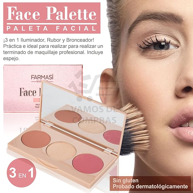 FARMASI Makeup Face Palette, Trio Eyeshadow, Long Lasting Face Sculpting, Blush and Highlighter Powder, Glow Contour Shadow Bronzer, All Skin Types, 0.52 oz. / 15 g (3 in 1 Face Palette)