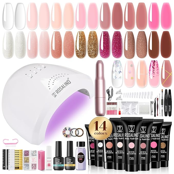 Poly Nail Gel Starter Kit -14 Colors + 75 Nail Art Accessories Kit,ROSALIND Clear Pink Nude Glitter Poly Nail Gel with Big UV Light 48W and Electric Nail Drill Starter Kit