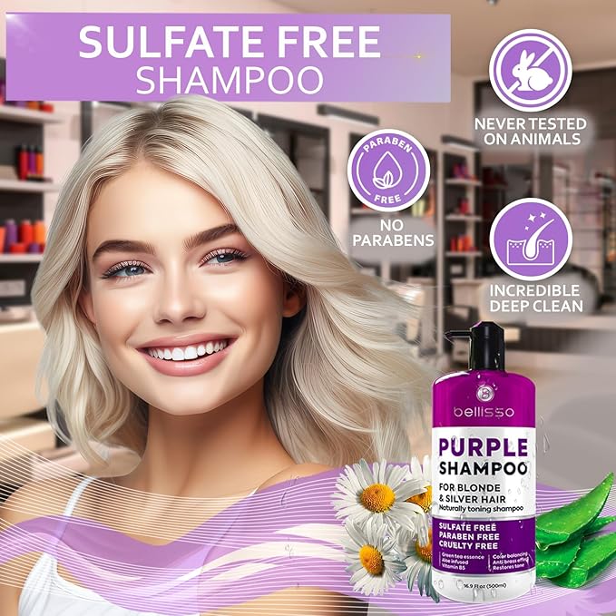 Purple Shampoo - Toner for Blonde Hair - Sulfate and Paraben Free - More Balanced Color Treated, Bleached, Silver, White and Gray Hair - No More Orange, Straw Yellow and Brassy Tones - Women and Men