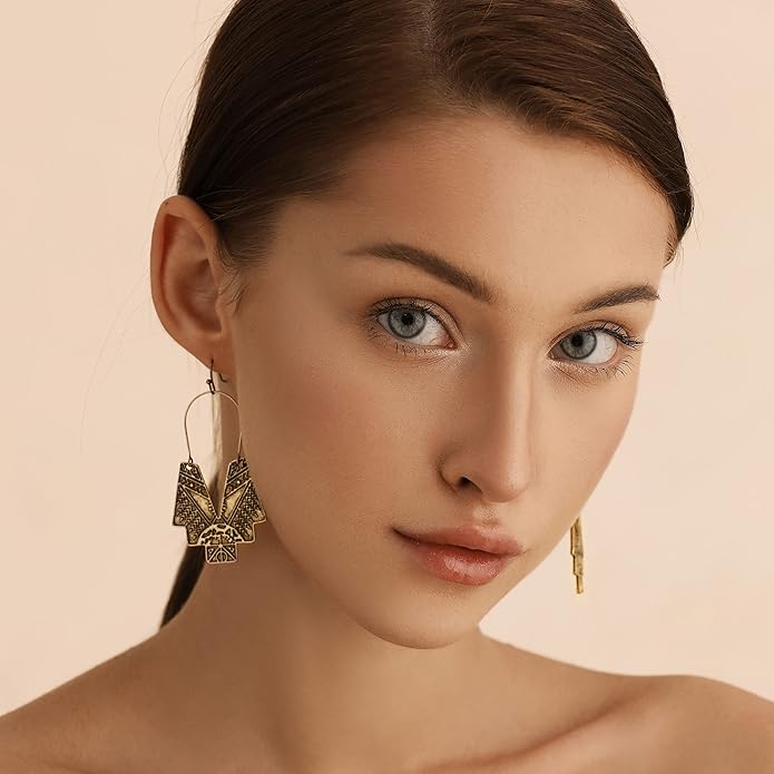 Zealmer Gold Geometric Earrings Statement Vintage Boho Ethnic Earrings Hollow Out Fan Shape Dangle Drop Earrings for Women Birthday Christmas Valentines Day Gift