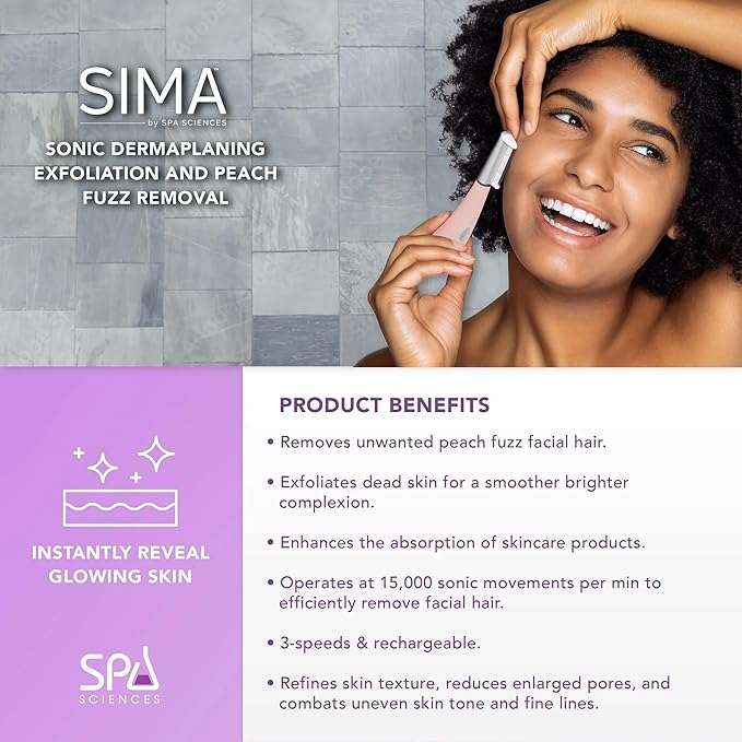 SPA SCIENCES - SIMA Patented Dermaplane Razor for Women Face – Painless 2-in-1 Facial Exfoliation & Peach Fuzz Hair Removal – Anti-Aging – 3 Speeds – Rechargeable – 19 Weeks Treatment