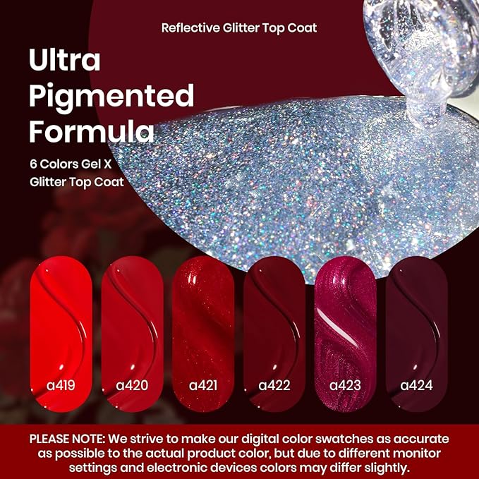 Beetles Red Gel Nail Polish Set with Top Coat, 6 Colors Popular Shimmer Red Burgundy Gel Polish Kit Nail Art Design Soak Off Uv LED Minicure DIY Home Gifts for Women