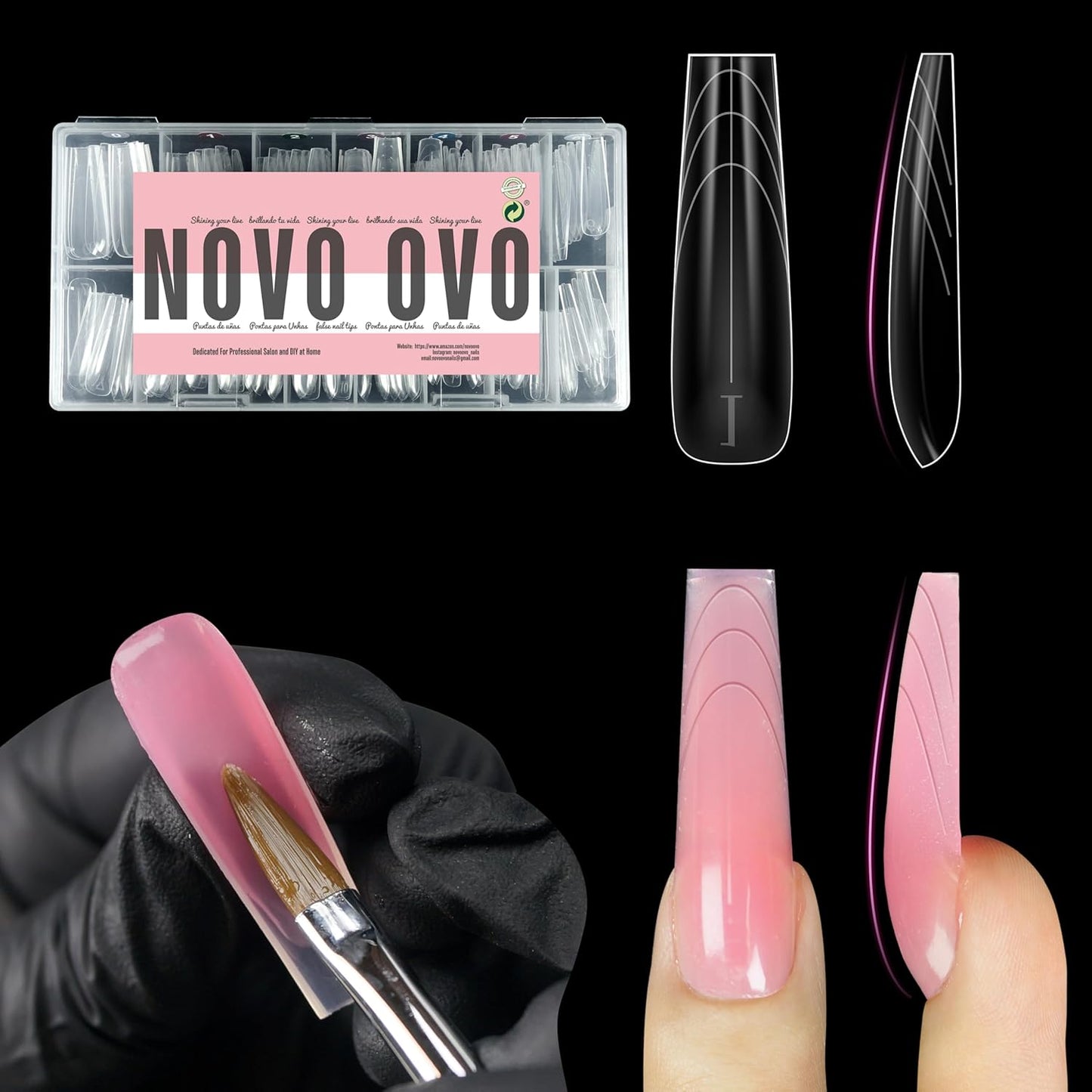 Tapered Square (Sculpted) Nail Dual Forms for Poly Gel Extension with Guiding Line Inside, XL XXL Reusable Full Cover Acrylic Builder Hard Gel Polygel Molds x 15 sizes 150 Pcs