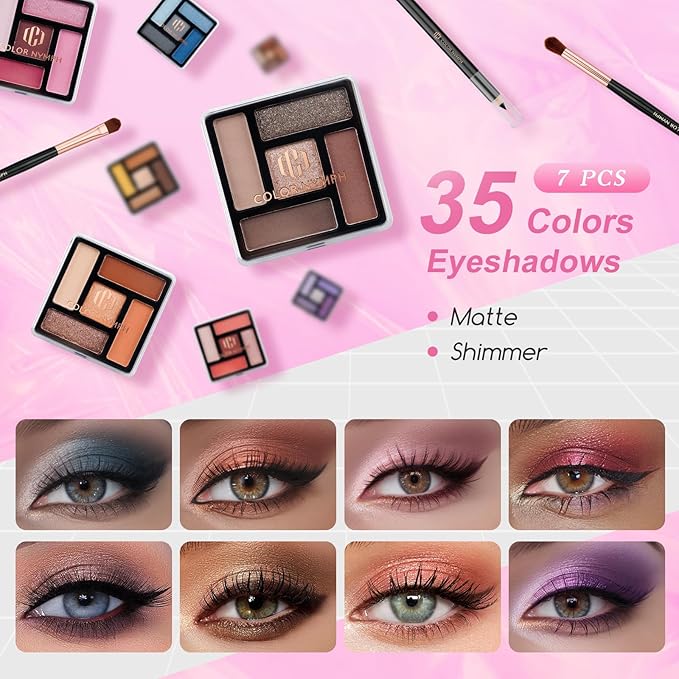 Color Nymph Starter Makeup Kit for Tweens Girls, Train Case for Women Full Kit with Eye Shadow, Lipstick, Blush, Brushes, Lipgloss, Mascara, Brow Wax and Mirror Pink Full Starter Cosmetics Set