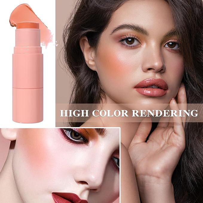 Cream Blush Stick with Brush and Makeup Sponge,Waterproof Multi Cream Makeup Stick,Lightweight,Long-lasting,2 in 1 Multi Blush for Cheeks & Lip Tint & Eyeshadow P