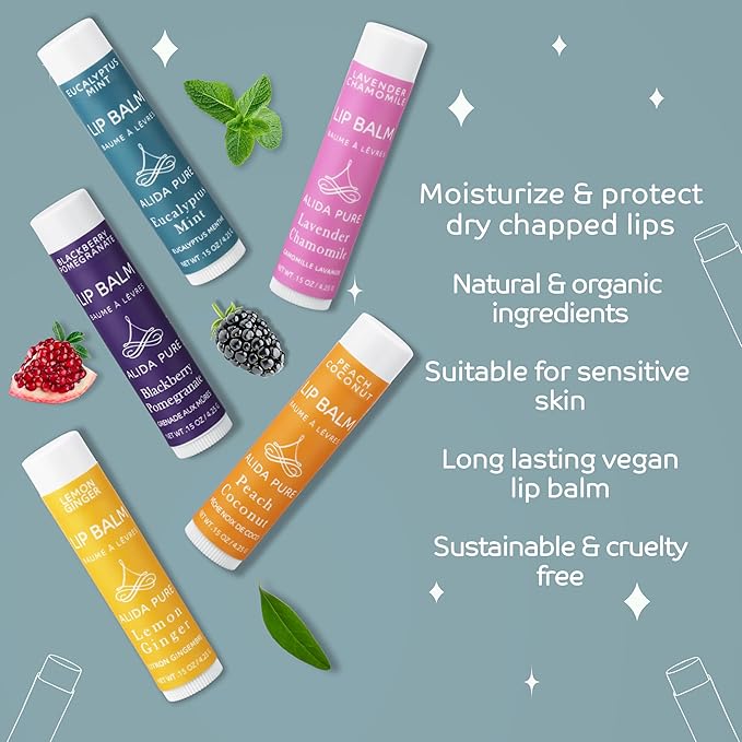 Duet Lip Balm Collection, Vegan Lip Balm Set, Beeswax Free, with Avocado Oil, Organic Jojoba Oil, and Vitamin E, Natural Moisturizer for Dry, Chapped Lips, 5 Tube Set
