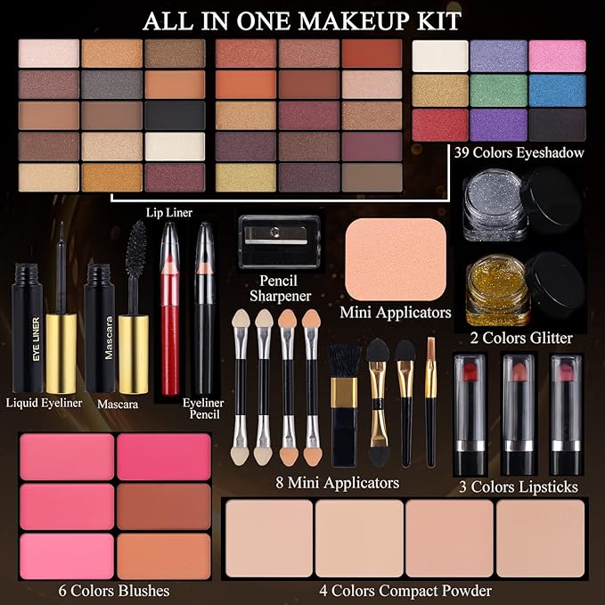 Professional Makeup Kit for Women Girls Full Kit with Mirror 58 Colors All in One Make up Gift Set Included Eyeshadow,Compact Powder,Blusher,Lipstick,Eyebrow Pencil,Gitter Gel,Eyeliner,Mascara (Y)