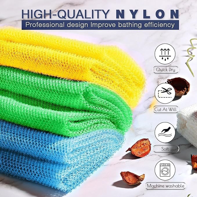 UJFQBH 3 Pieces African exfoliating net African Net Long Net Bath Sponge Exfoliating Shower Body Scrubber Back Scrubber Skin Smoother,Great for Daily Use (Yellow, Green, Blue)