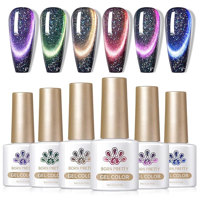 Born Pretty 9D Magnetic Gel Nail Polish Reflective Glitter Gel Polish Holographic Colorful Cat Magnetic Gel Polish Set 7ML 6PCS