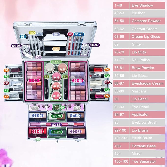 Maquillaje, Makeup gift, Professional make up set, All in one makeup kit for women full kit, Cosmetics teenagers, Makeup palette(102 Colors)(Silver box)