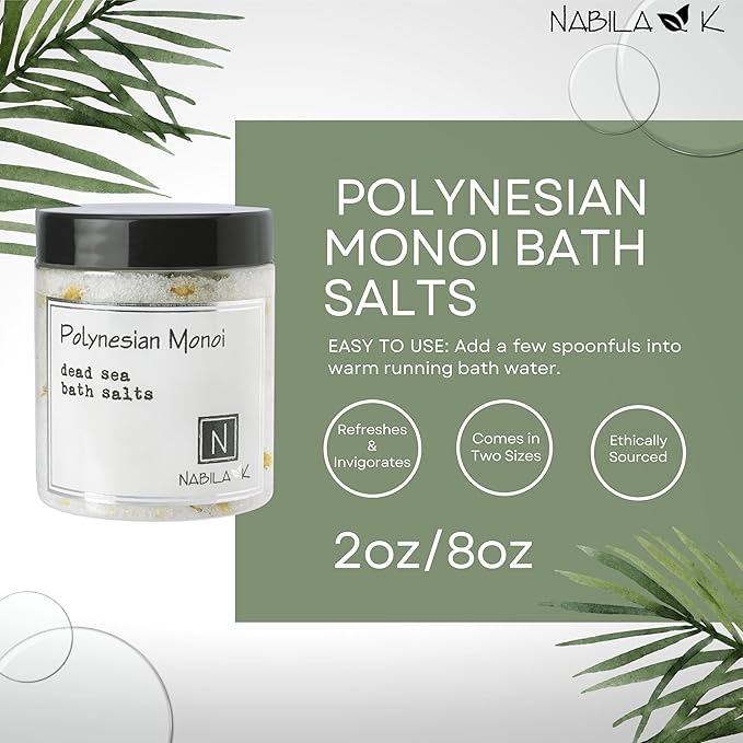 Polynesian Monoi Bath Salts by Nabila K - Dead Sea Salt & Epsom Salt Scrub & Soak - Exfoliates & Hydrates Skin, Botanical Essential Oils - Bubble Bath Accessories for All Skins Types, 8 oz