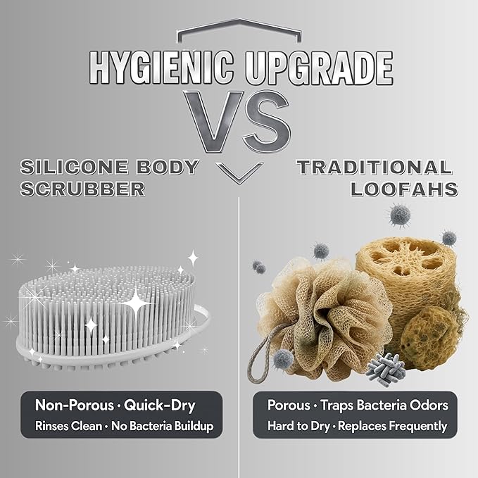 Avilana Silicone Body Scrubber – Gentle Shower Brush & Loofah Alternative- Food Grade & Lab Tested – Fast-Drying, Hygienic, BPA-Free Silicone Body Gentle Exfoliator (Light Gray, Massage)