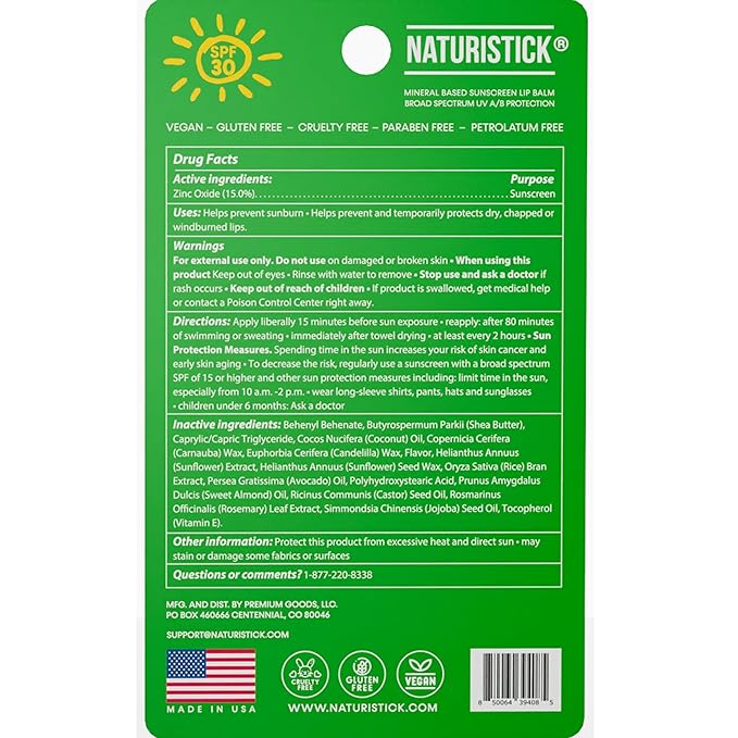 Naturistick SPF 30 Vegan Lip Balm – Mineral Sunscreen with Zinc Oxide | Broad Spectrum UVA/UVB Protection | 100% Natural, Coral-Friendly Formula | Oxybenzone Free | 5-Pack Spearmint | Made in USA