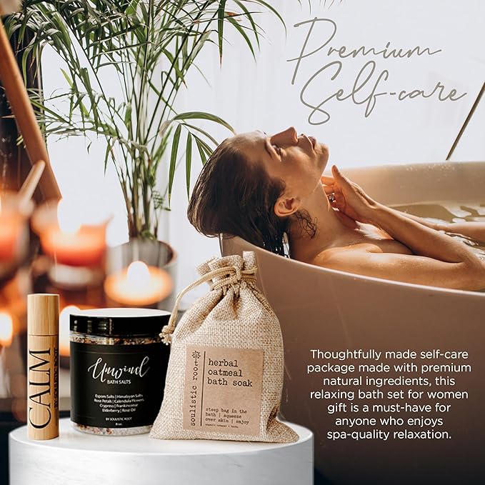 Relaxing Bath Gift Set, Luxury Spa Gifts for Women, Self Care Products for Women and Men, Calm Essential Oil Roller, Oatmeal Lavender Bath Soak & Epsom Salts with Essential Oils