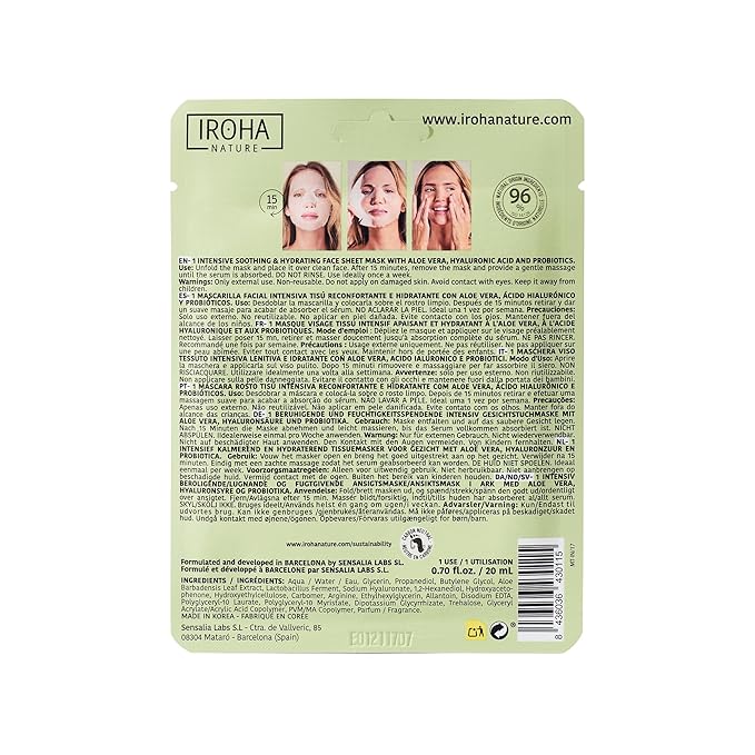 IROHA NATURE Comforting & Hydrating Tissue Face Mask with Aloe Vera | 15 Pieces | Aftersun Effect | 96% Natural Ingredients
