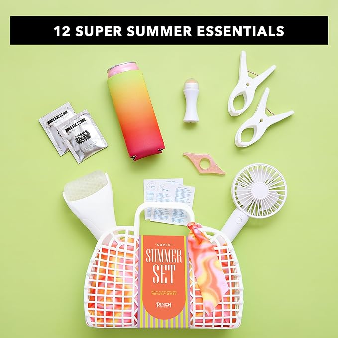 Pinch Provisions Super Summer Jelly Tote, 12 Beach & Poolside Accessories For Beauty, Perfect for Pool & Beach Days, Includes Oil Absorbing Roller, Rechargable Fan, Towel Clips, & Ice Roller