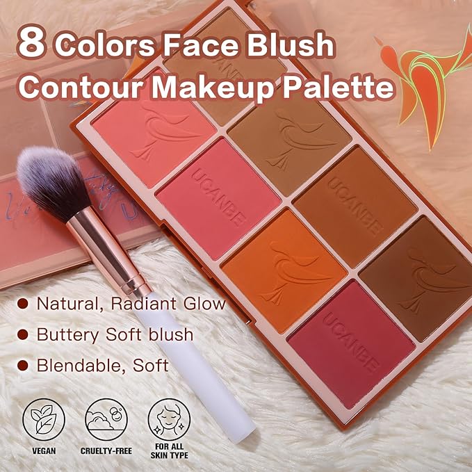 8 Colors Face Matte Blush Palette Shading Blusher with Brush - Buildable Facial Cheek Blusher Contour Bronzing Pressed Powder Makeup Pallet Women Gift Set (01 Matte)