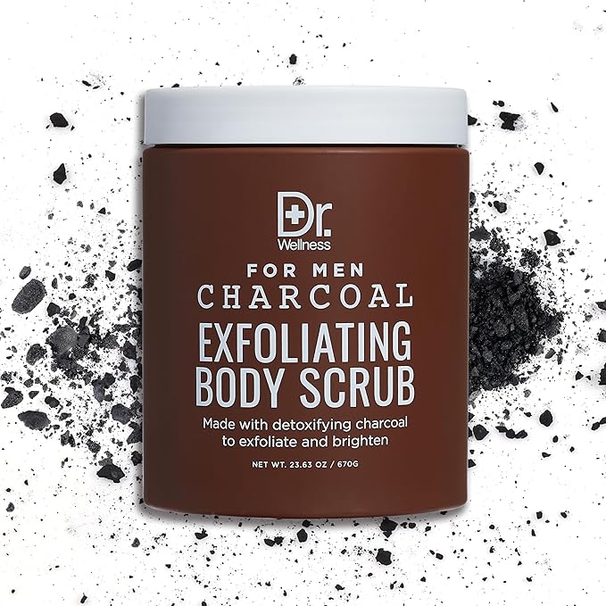 Dr. Wellness Body Scrub for Men- Ultimate Exfoliating Scrub Infused with Charcoal, Men’s Body Wash in Jar with Twist Top, 23 oz, For All Skin Types