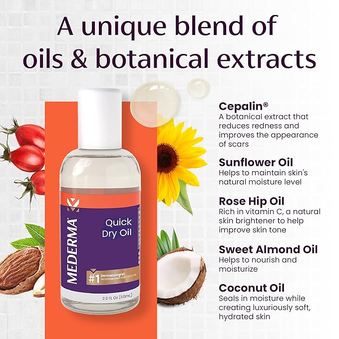 Mederma Quick Dry Oil, Scar and Stretch Mark Treatment, Helps to Improve the Appearance of Scars and Stretch Marks, with Natural Botanical Extracts, Paraben Free, Fast-Absorbing, 2.02oz (60ml)