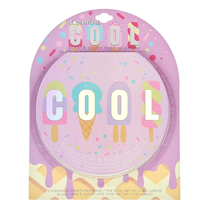 Expressions Cool Glisten & Glitter Makeup Palette 10 Color Eyeshadow Palette & Blush Makeup Novelty Beauty Set, Fold Out Compact with Mirror, Cute Makeup Kit Gifts - Washable, Non-Toxic