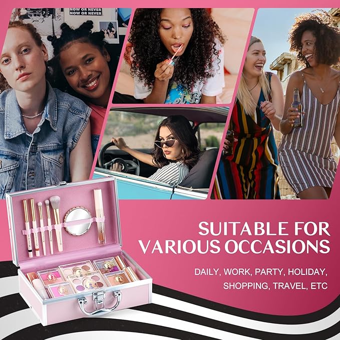 Color Nymph Girls Makeup Kits For Teens, Beginners Makeup Kit All In One Makeup Set For Teenager Full Kit Girls Makeup Kit With Train Case 18 color eyeshadow 4 color glitter & lipgloss - Pink