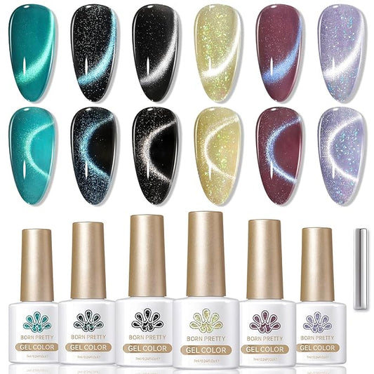 Born Pretty Cat Magnetic Eye Gel Nail Polish, 6 Colors 9D Magnetic Glitter Gel Polish Set Black Blue Purple Green Nail Polish Kit Soak Off LED Nail Art DIY Salon Gift