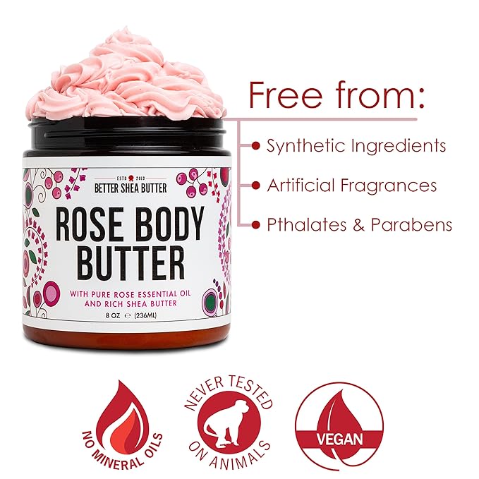 Rose Body Butter for Dry Skin with Whipped Shea Butter and Pure Essential Oil | Ultra Hydrating Rose Lotion for Women | All Natural Moisturizer with No Synthetic Fragrances
